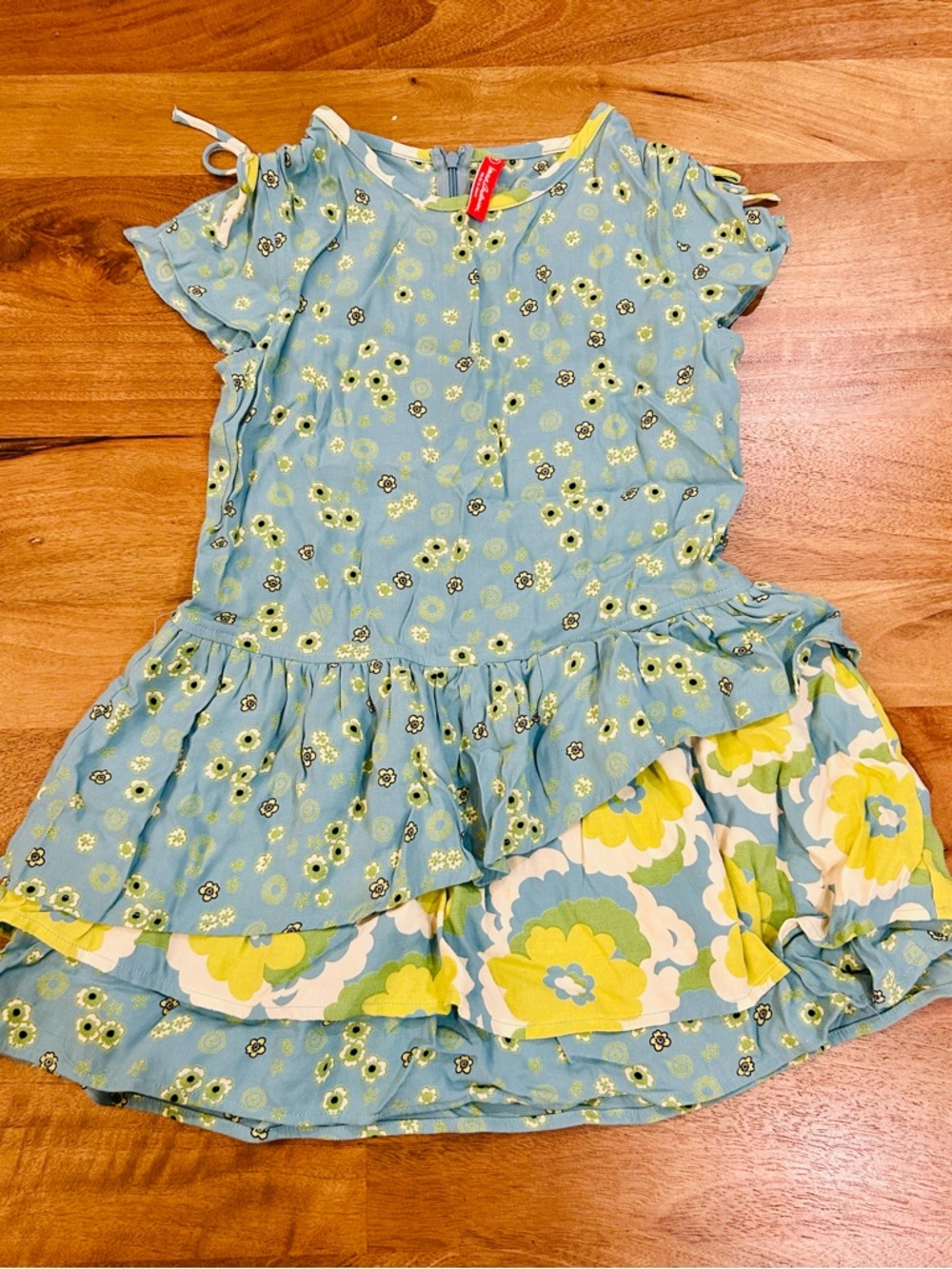 Hanna Andersson Blue Floral Girls Dress with Layers and Lime Accents Size 110